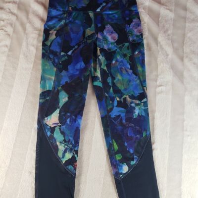 Athleta Chaturanga Floral 7/8 Mesh Leggings Teal Blue Green Navy Womens Size XS